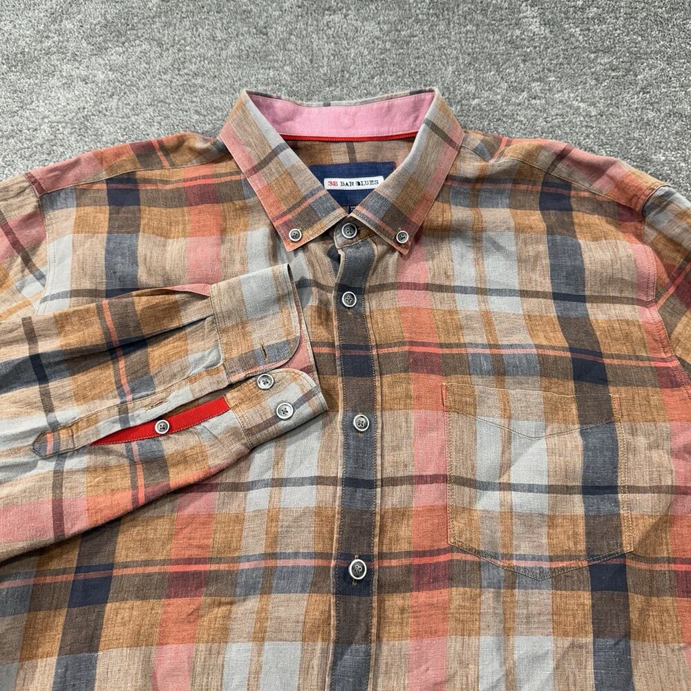 32 Bar Blues Mens XXL 100% Linen Button‎ Front Plaid Long Sleeve Casual Fall